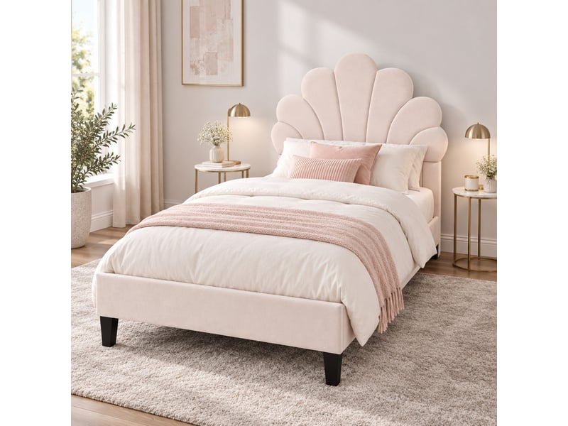  Lit enfant 90 x 200 cm，lit simple，tête de lit en forme de fleur，velours beige  - Conforama E