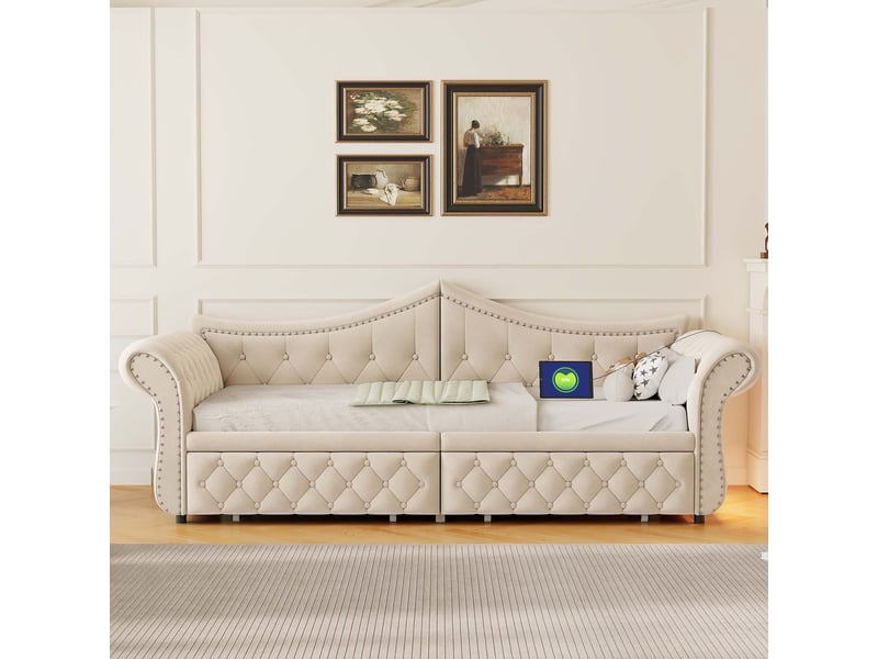 Canapé-lit 90 x 200 cm – avec 2 tiroirs – avec port de charge usb – beige (matelas non inclus) - Conforama D