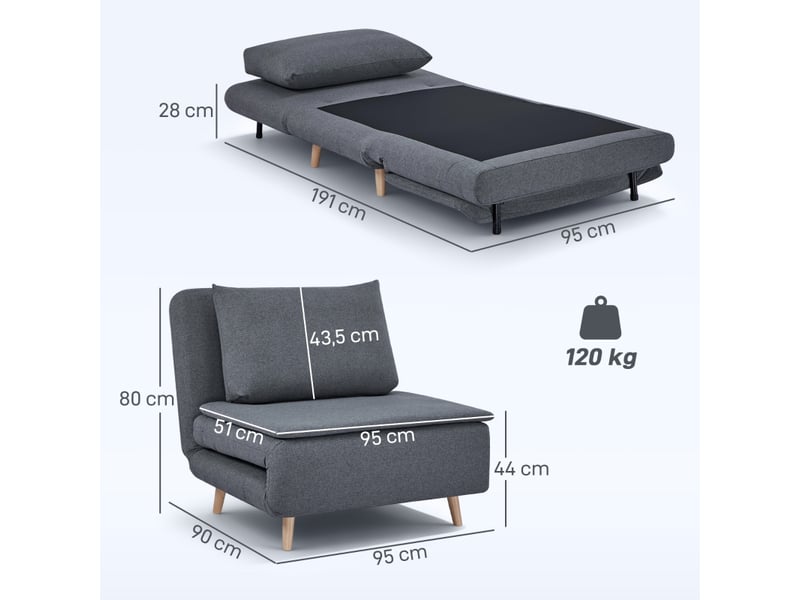  Fauteuil-lit 3-en-1,95x90x80 cm,avec dossier réglable,polyester,gris  - Conforama C