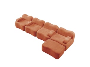 Canapé d'angle modulaire 4 places en velours orange - mousse 32d avec pouf, sans montage
