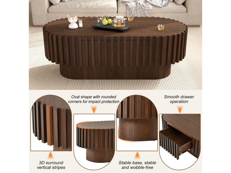Table basse ovale avec tiroir de rangement caché, lattes verticales décoratives, meuble de salon en bois mdf couleur noyer, 100x50x35,5 cm. - Conforama E