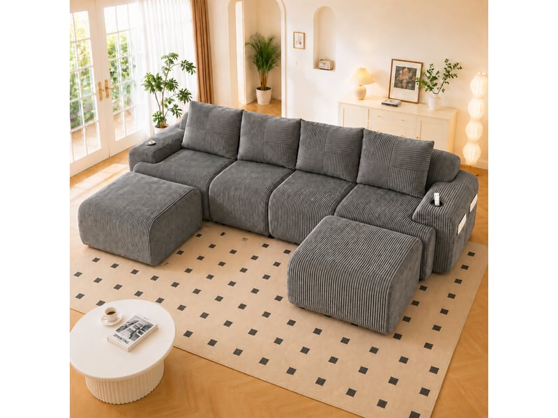 Canapé modulable, canapé de salon – gris foncé, porte-gobelets, en velours tricoté - Conforama A