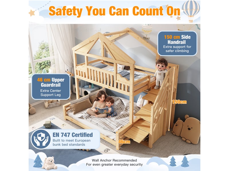  Lit superposé enfant maison 90x200 140x200 cm, structure bois avec toit diamant, escalier rangement, étagères et sommier, certifié en 747, naturel  - Conforama D