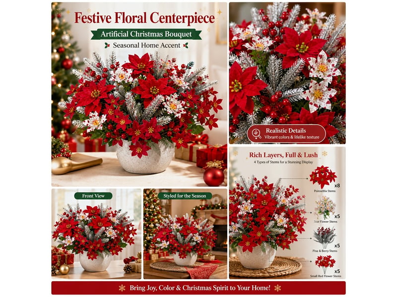  Fleurs de noël artificielles 23 pièces, poinsettias et petites roses rouges avec baies et branches de pin  - Conforama C