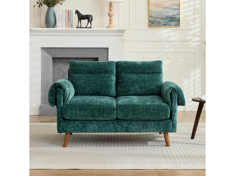  Canapé 2 places en chenille vert émeraude, style mid-century, coussins moelleux, petit canapé compact  - Conforama B