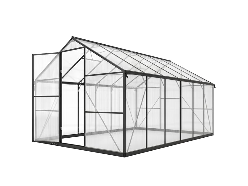  Serre de jardin en aluminium polycarbonate, serre avec fenêtres supérieures réglables 363x247x205cm noir  - Conforama B