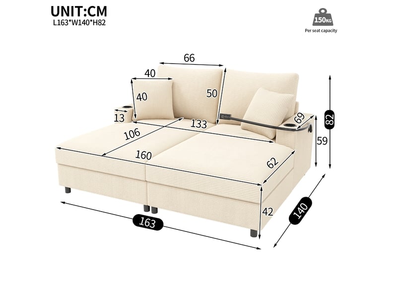  Canapé droit convertible 2 places en velours côtelé beige, avec usb, usb-c, porte-téléphone et 2 porte-gobelets  - Conforama C