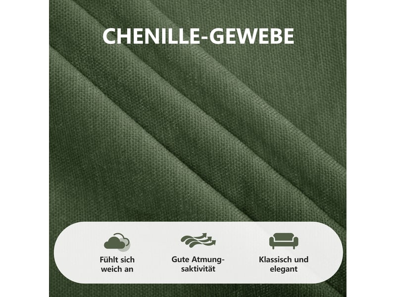 Canapé modulable en u 3 places 253x143x88 cm, 2 poufs, coussins mobiles, multi‑usages, cadre en bois, chenille vert - Conforama E