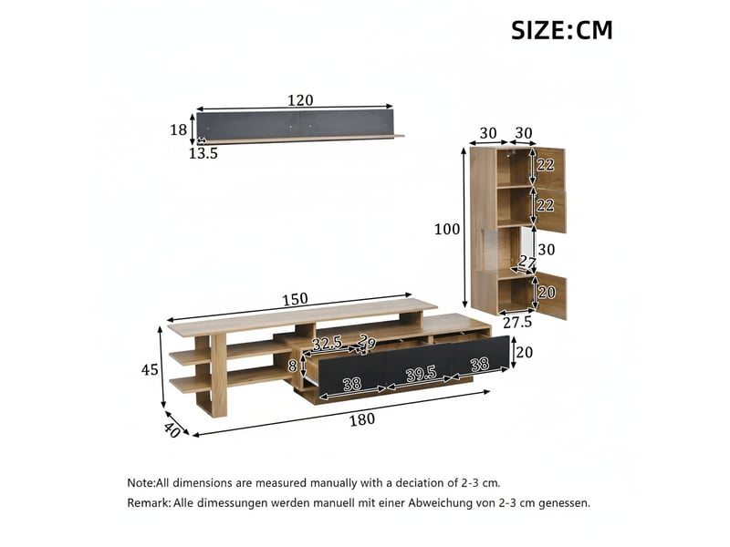 Meuble tv mural design 3 pcs led salon noir et bois naturel, 1 meuble tv 3 tiroirs, 1 vitrine, 1 étagère, tv jusqu'à 80 pouces  - Conforama E