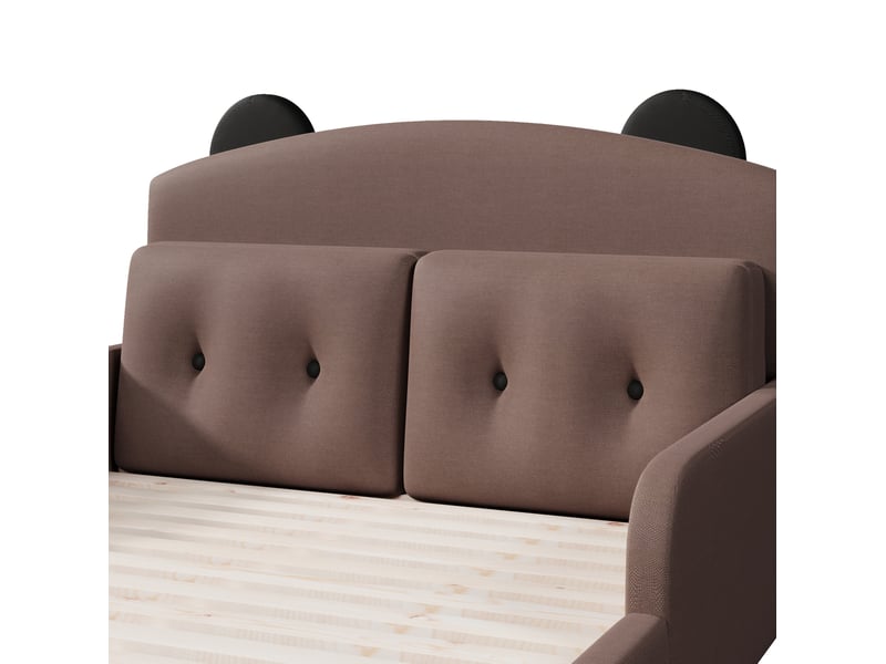  Lit enfant 140 × 200 cm 2 places avec tête de lit ours, 2 coussins décoratifs, sans matelas, en lin, café  - Conforama E