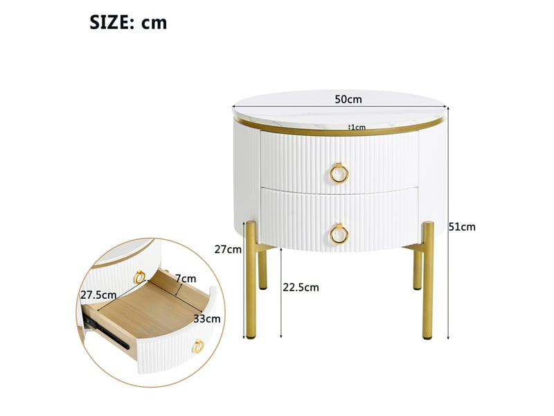  Table d’appoint ronde avec 2 tiroirs – décor marbre blanc et doré – ø 50 x h 51 cm  - Conforama D