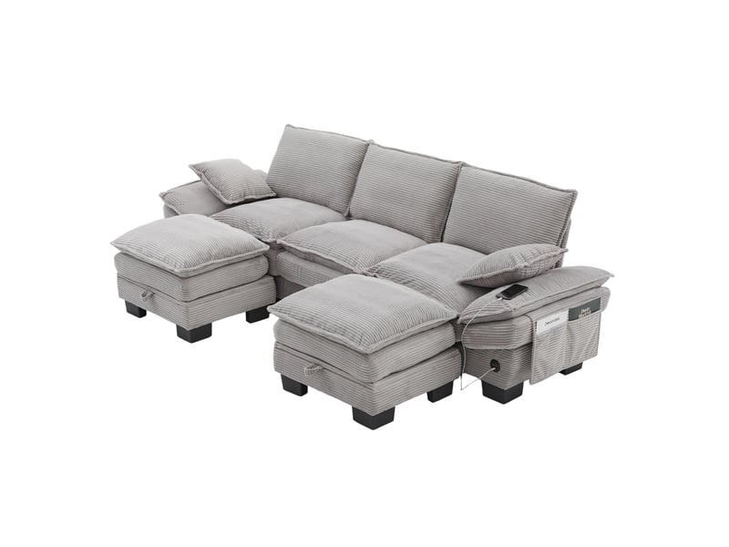 Canapé modulaire 3 places en velours côtelé gris clair avec 2 poufs, port usb-c et poches latérales  - Conforama A