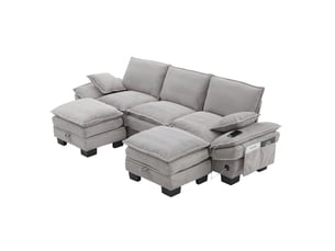 Canapé modulaire 3 places en velours côtelé gris clair avec 2 poufs, port usb-c et poches latérales