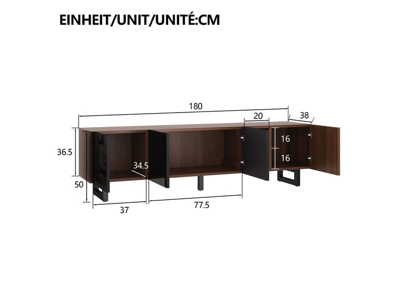  Meuble tv 180 cm – noir laqué + bois –  4 portes sans poignée - buffet bas et table tv moderne - meuble tv salon rangement naturel  - Conforama C