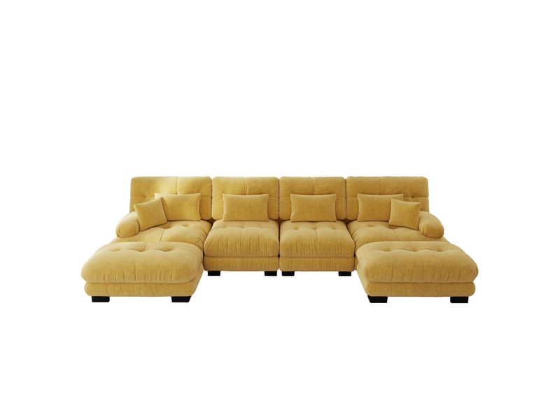 Canapé d'angle modulable ulevr 4 places en u avec poufs mobiles, chenille jaune, 406 x 145 x 81 cm - Conforama A