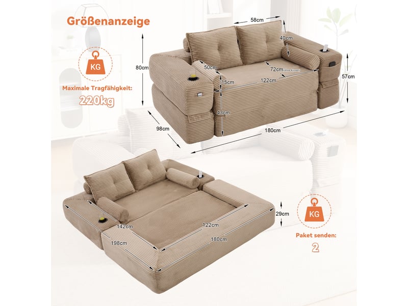  Canapé convertible 2 places en velours côtelé kaki avec tiroir de rangement et porte-gobelet  - Conforama C