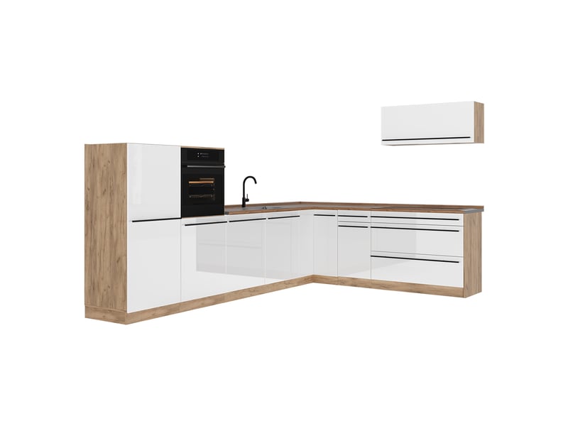  Vicco cuisine en angle, blanc haute brillancechêne doré, 327 x cm sans plan de travail  - Conforama A