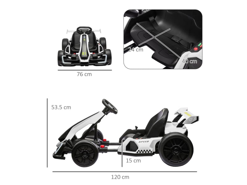 Karting électrique pour enfants de 6 à 12 ans, 24 v, 12 kmh, siège réglable, blanc - Conforama E
