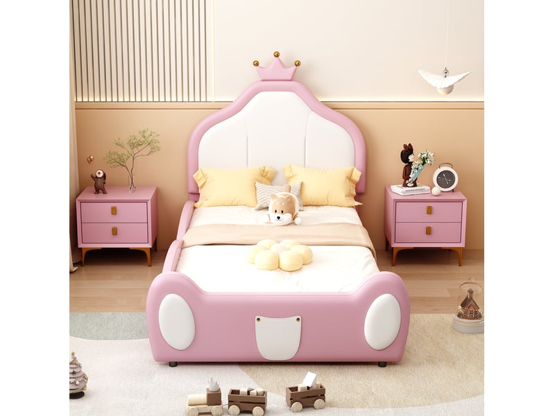  Lit enfant 90 x 200 cm rose et blanc, tête de lit couronne en similicuir  - Conforama D