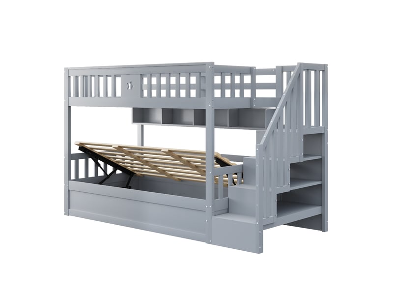  Lit superposé en bois gris avec coffre hydraulique, étagères et escalier de rangement  - Conforama D