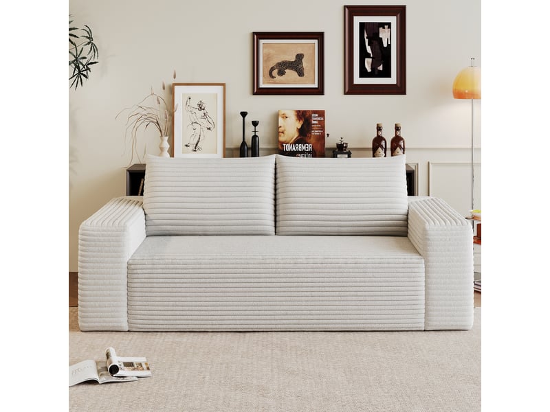 Canapé 2 places blanc crème 180 cm velours côtelé, petit canapé modulable assise profonde sans montage - Conforama R