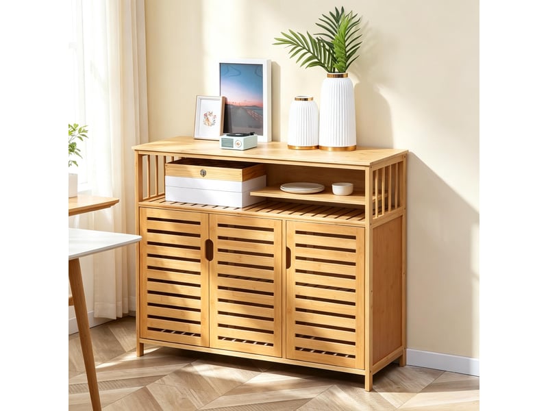 Buffet 3 portes avec niche ouverte et étagères pour cuisine en bambou 100×35×82 cm naturel - Conforama B
