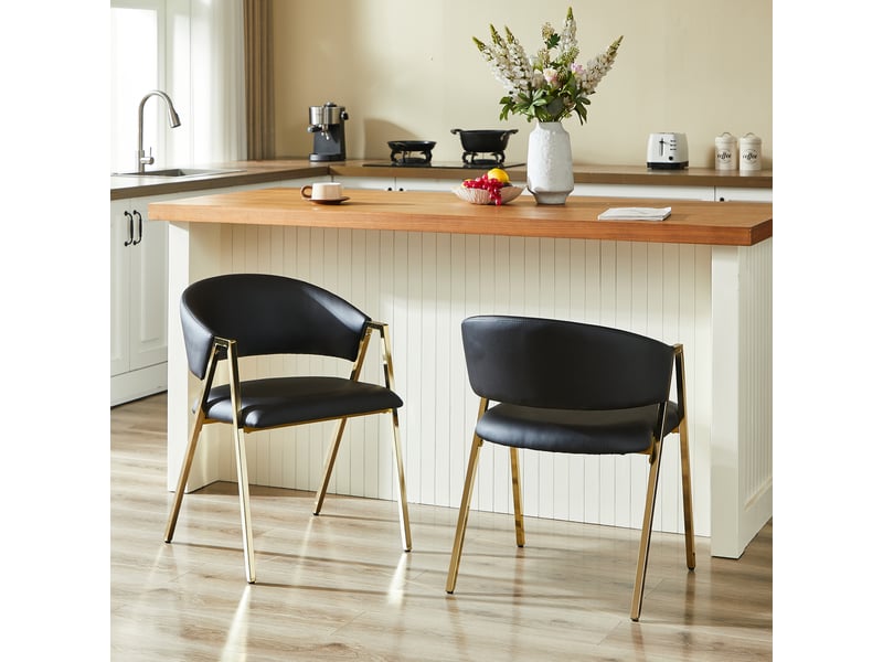  Lot de 2 chaises de salle à manger, chaises en similicuir noir avec pieds dorés, style contemporain pour salon et salle à manger.  - Conforama B