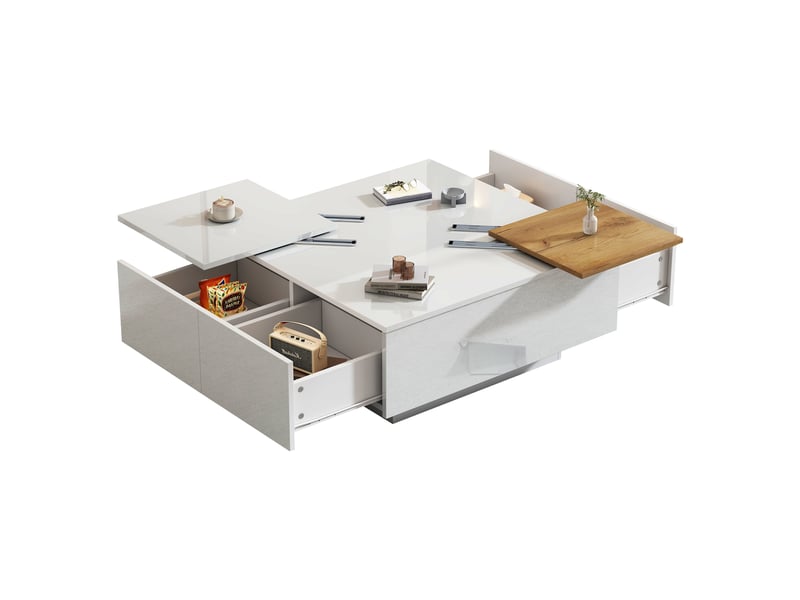  Table basse carrée blanc brillant avec plateau coulissant et 4 tiroirs cachés, 75x75x33.5cm  - Conforama D