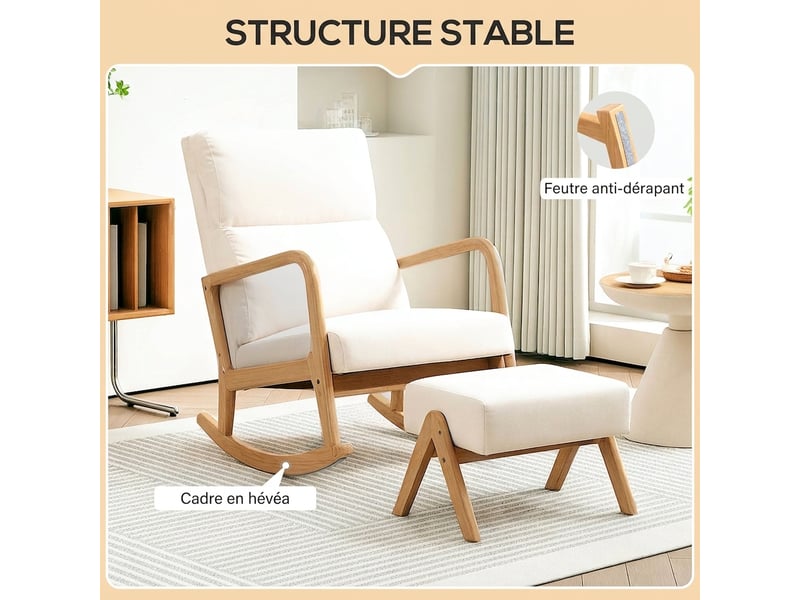  Fauteuil à bascule avec repose-pieds aspect lin blanc crème pieds en bois charge 150 kg  - Conforama W