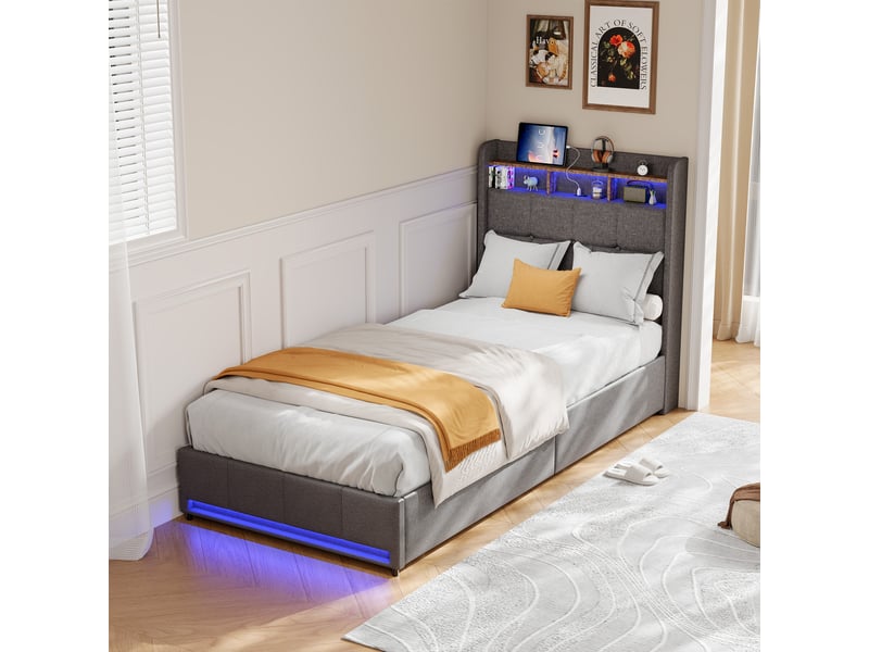 Lit simple de rangement 90x200cm avec éclairage led et port usb, 2 tiroirs, design moderne,gris - Conforama B