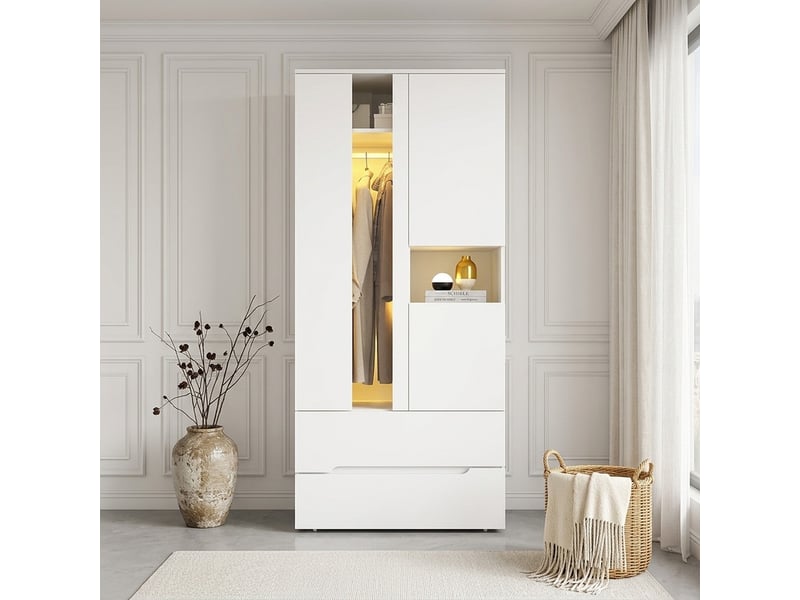  Armoire avec éclairage led, 90 x 50 x 200 cm, 1 penderie, 3 portes, 2 tiroirs et 6 étagères, style moderne, blanc  - Conforama D
