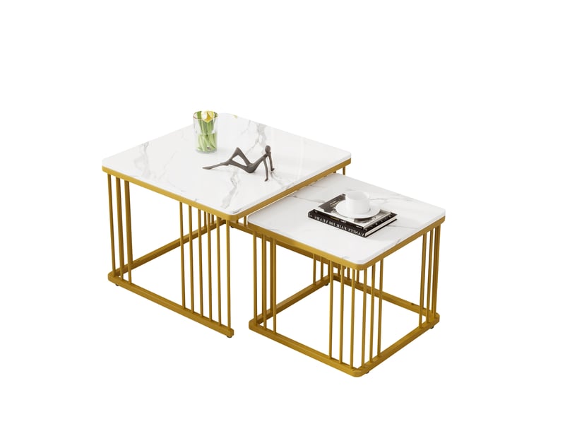  Tables basses gigognes carrées avec plateau effet marbre brillant, pieds dorés et pieds réglables pour salon  - Conforama A