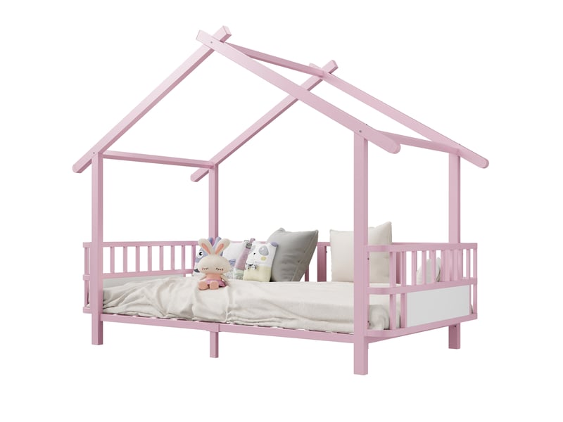  Lit enfant cabane en métal 90 x 200 cm avec barrières de sécurité, rose  - Conforama A