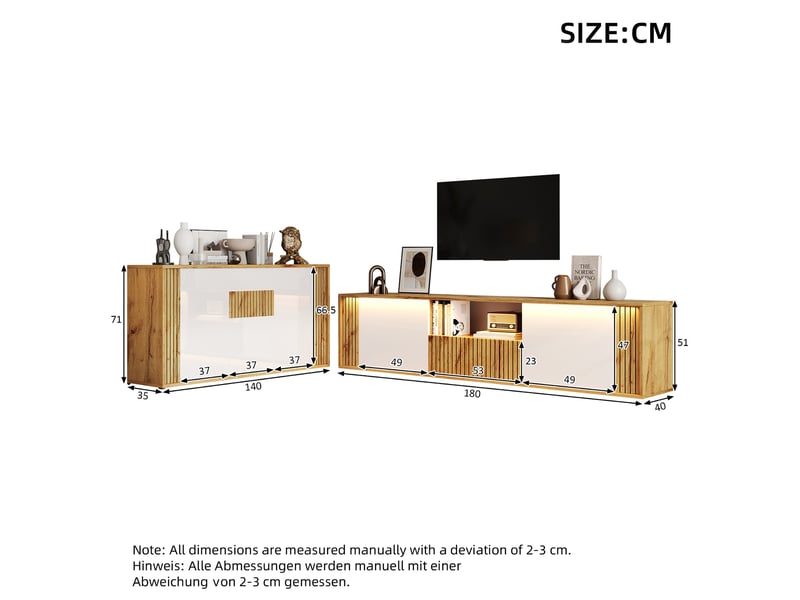  Ensemble 2 pièces bicolore blancnaturel, meuble tv 180×40×51 cm et buffet 140×35×71 cm, en mdf et aggloméré, avec led  - Conforama B
