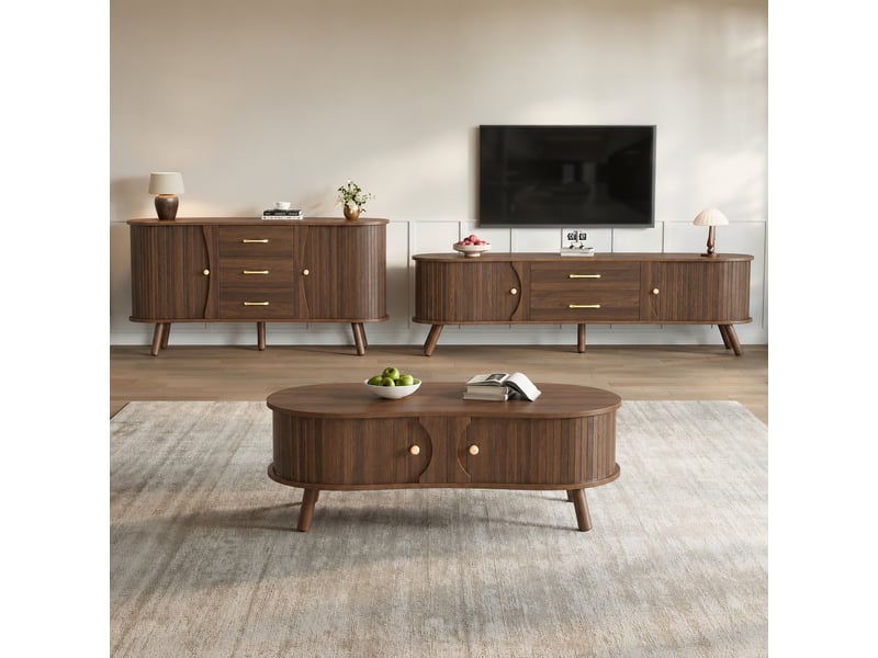 Ensemble de meubles de salon 3 pièces effet noyer, meuble tv 160 cm, buffet 150 cm, table basse 108 cm et portes coulissantes rainurées  - Conforama B