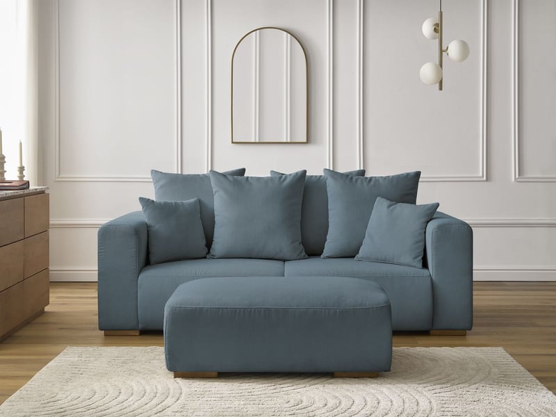  Bobochic canapé droit fixe 2 places sidonie velours côtelé avec pouf bleu foncé SIDONIE - Conforama D