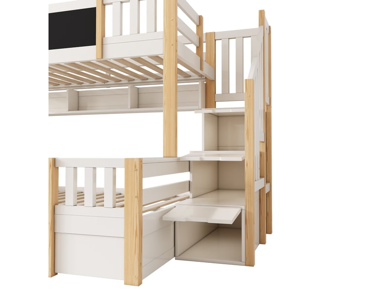 Lit superposé enfant 90140x200cm- lit 3 couchages - tableau noir - escalier rangement - 2 tiroirs - étagères - blanc naturel - Conforama D