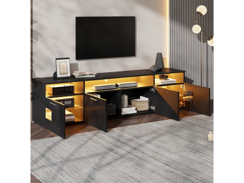  Meuble tv bas, 180 × 35 × 45 cm, noir, avec éclairage led et compartiments ouverts pour le salon  - Conforama D
