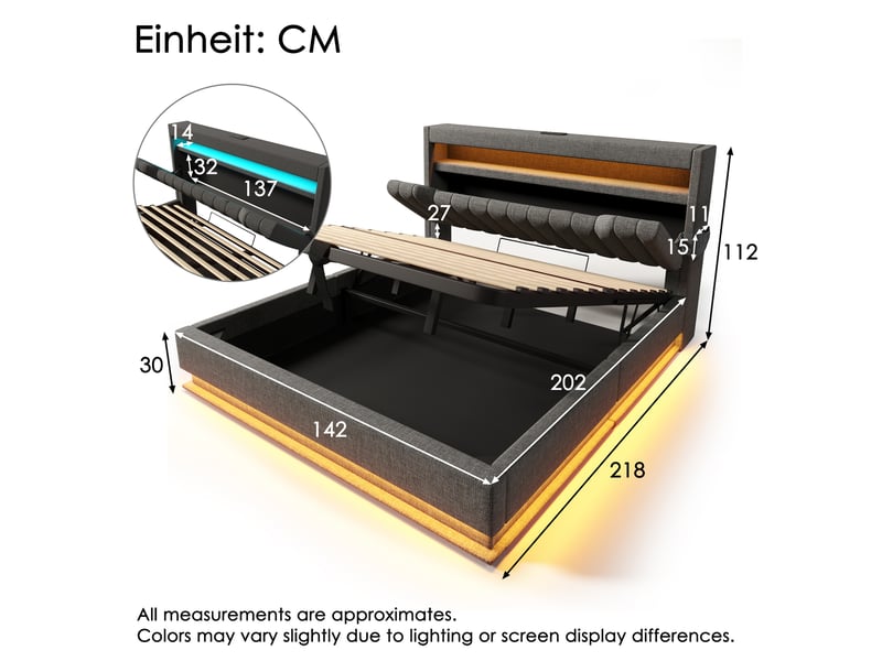  Lit coffre rembourré 140x200 cm avec rangement hydraulique, tête de lit avec rangement, 3 usb et usb-c, led tête et pied, lin - gris  - Conforama E