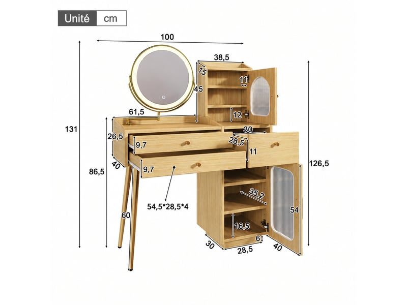 Coiffeuse avec miroir lumineux pivotant, 2 portes vitrées, 3 tiroirs, aspect bois naturel, 100 x 40 x 131 cm - Conforama C
