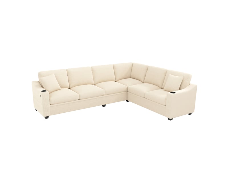  Canapé d’angle modulable 6 places en velours côtelé beige avec usb-c, 277x215x85 cm  - Conforama A