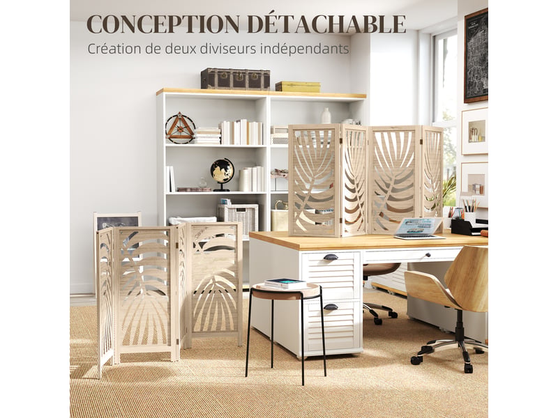  Paravent interieur en bois 4 panneaux 160 x 170 cm, pliable et portable, motif de feuille, bois naturel, design amovible  - Conforama D