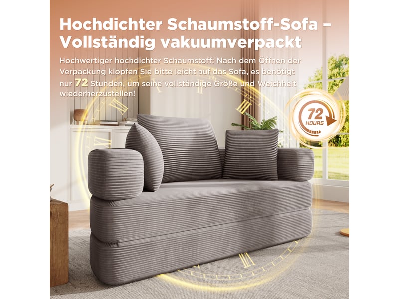 Canapé convertible 2 places en velours côtelé, 2-en-1, lit ovale 173×176 cm, sans montage, 3 coussins inclus - Conforama R