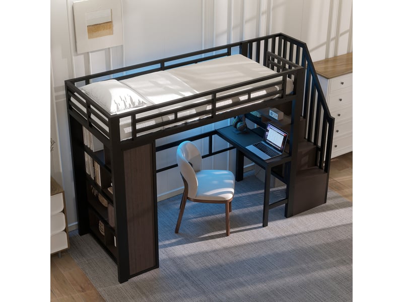  Lit mezzanine, lit simple avec bureau, étagères, escalier de rangement et led, 90 x 200 cm, sans matelas, noir  - Conforama C