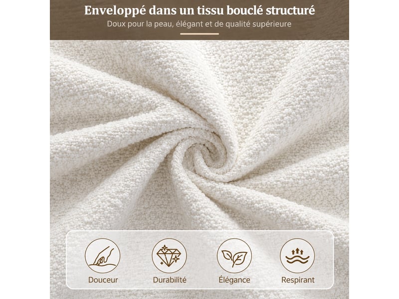  Lit enfant rembourré 90 x 200 cm avec tête de lit capitonnée et garde-corps, pieds en bois massif, bouclé beige  - Conforama E