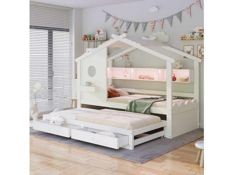  Lit enfant 90x200cm, lit gigogne 90x190cm, 2 tiroirs et led, charge, design en forme de maison, bois, blanc sans matelas  - Conforama D