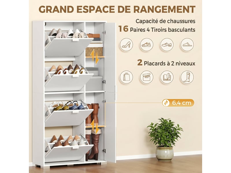  Meuble à chaussures 4 tiroirs 2 portes avec miroir blanc 82 x 30 x 168 cm  - Conforama E