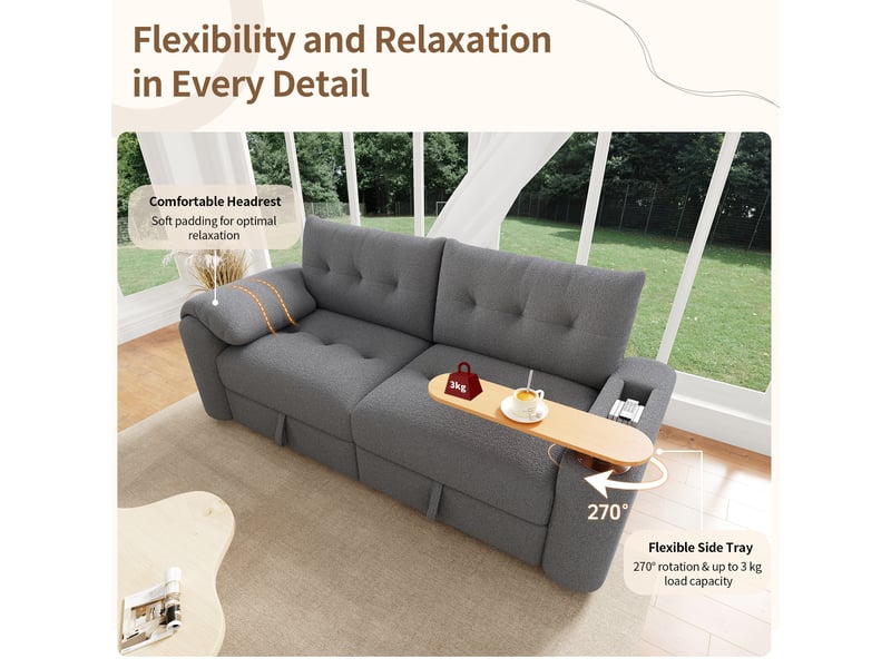  Canapé-lit 3 places 207,5 x 80 x 87 cm, modulable, avec coffres de rangement, appui-tête et tablette pivotante 270°, tissu teddy - gris  - Conforama E