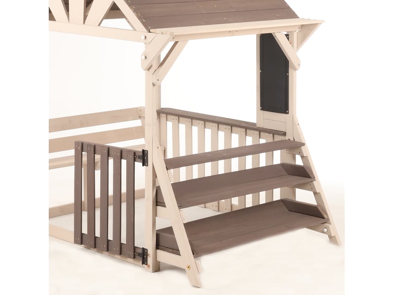  Cuisine d'extérieur enfant en bois 114x147,5x156 cm – gris et beige – toit résistant à la pluie, rangement  - Conforama B