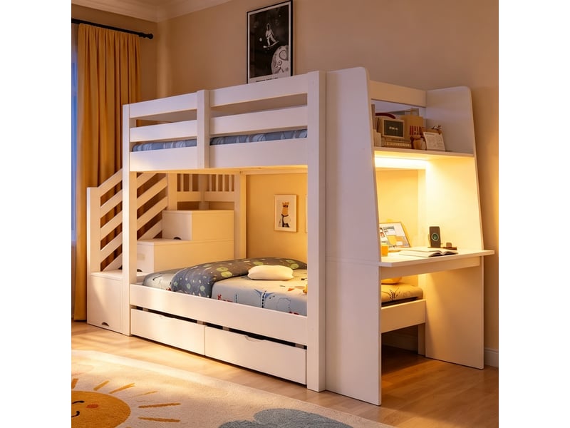  Lit superposé enfant en bois 90x200 cm avec bureau, escalier avec rangements, tiroirs, led et prise électrique, pour adolescent - blanc  - Conforama B